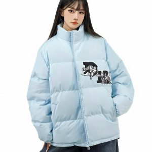 Unisex Thick Cotton Bread Jacket with National Trend Letter Embroidery - Loose Fit Winter Coat for Couples