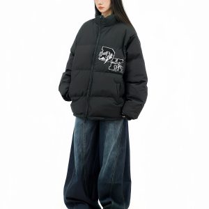 Unisex Thick Cotton Bread Jacket with National Trend Letter Embroidery - Loose Fit Winter Coat for Couples