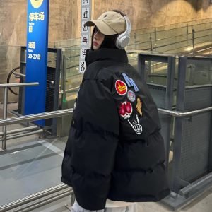 Unisex Thick Cotton Puffer Jacket with Medal Letter Embroidery - Loose Fit Winter Coat in American Style