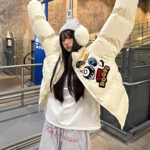 Unisex Thick Cotton Puffer Jacket with Medal Letter Embroidery - Loose Fit Winter Coat in American Style