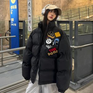 Unisex Thick Cotton Puffer Jacket with Medal Letter Embroidery - Loose Fit Winter Coat in American Style