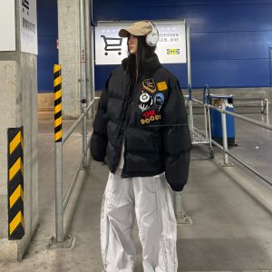 Unisex Thick Cotton Puffer Jacket with Medal Letter Embroidery - Loose Fit Winter Coat in American Style