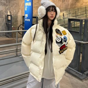 Unisex Thick Cotton Puffer Jacket with Medal Letter Embroidery - Loose Fit Winter Coat in American Style