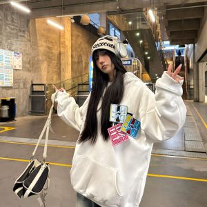 Unisex Velcro Letter Fleece Hoodie, 2025 Trendy Sweatshirt, Loose Fit, Versatile Style for Men and Women, Casual Streetwear Fashion