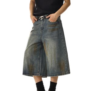 Unisex Vintage Distressed Denim Shorts, Loose Wide-Leg Straight Cut, Trendy Mid-Length Summer High Street Fashion