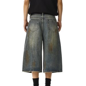 Unisex Vintage Distressed Denim Shorts, Loose Wide-Leg Straight Cut, Trendy Mid-Length Summer High Street Fashion