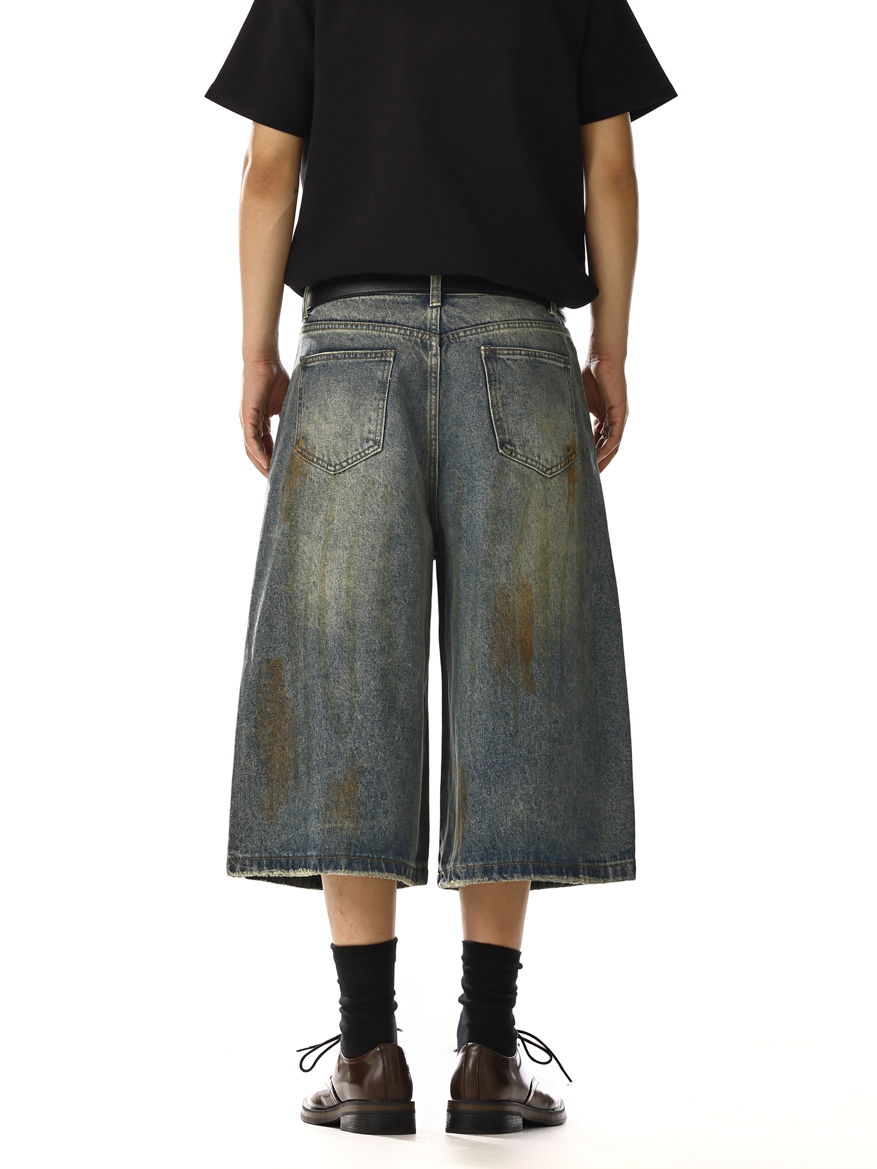 Unisex Vintage Distressed Denim Shorts, Loose Wide-Leg Straight Cut, Trendy Mid-Length Summer High Street Fashion