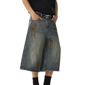 Unisex Vintage Distressed Denim Shorts, Loose Wide-Leg Straight Cut, Trendy Mid-Length Summer High Street Fashion