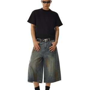 Unisex Vintage Distressed Denim Shorts, Loose Wide-Leg Straight Cut, Trendy Mid-Length Summer High Street Fashion