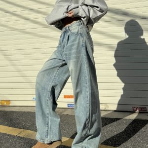 Unisex Vintage Hip-Hop Wide-Leg Floor-Length Jeans in Washed Blue - 90s American Street Style