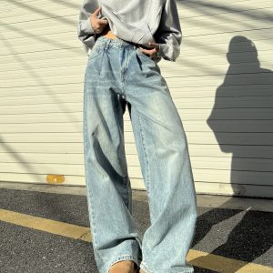 Unisex Vintage Hip-Hop Wide-Leg Floor-Length Jeans in Washed Blue - 90s American Street Style