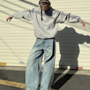 Unisex Vintage Hip-Hop Wide-Leg Floor-Length Jeans in Washed Blue - 90s American Street Style