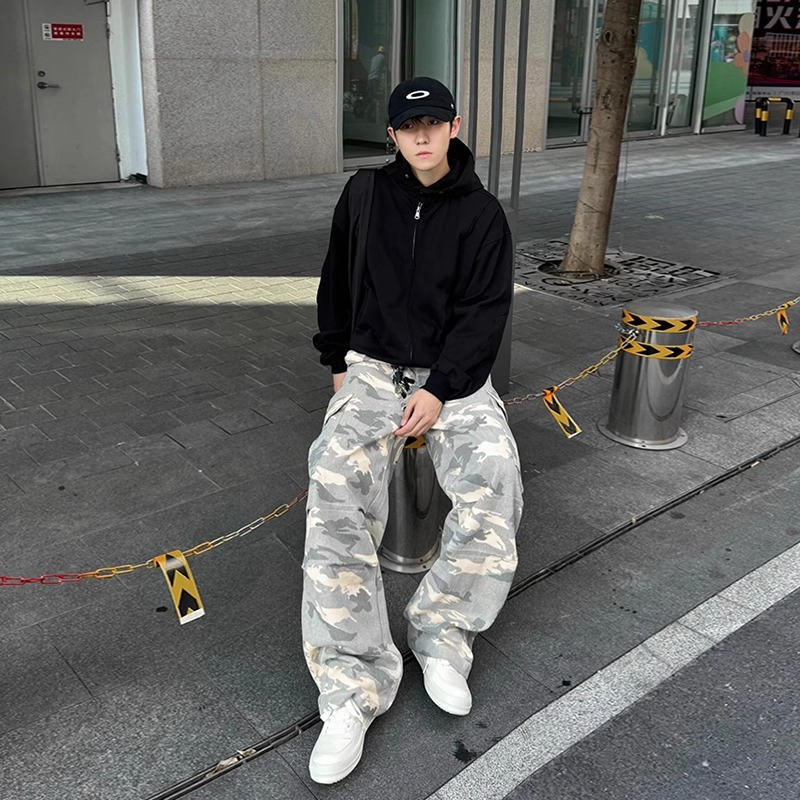 Unisex Vintage White Camouflage Work Pants - Trendy High Street Loose Wide-Leg Lumberjack Style