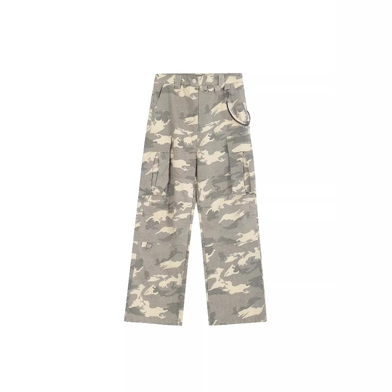 Unisex Vintage White Camouflage Work Pants - Trendy High Street Loose Wide-Leg Lumberjack Style