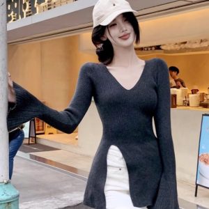 V-Neck Bell Sleeve Knitted Top for Women, Chic Waist-Cinching Design with Split Detail, Perfect for 90s and Y2K Fashion Lovers
