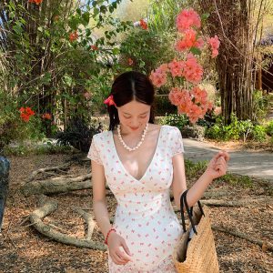 V-Neck Bow Tie Dress with Exposed Waist - Korean Style Dongdaemun Inspired Swimwear Dress for Summer Fashion