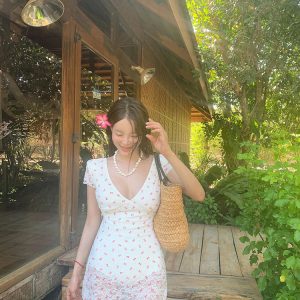 V-Neck Bow Tie Dress with Exposed Waist - Korean Style Dongdaemun Inspired Swimwear Dress for Summer Fashion