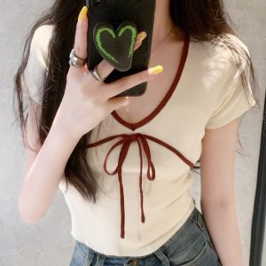 V-Neck Bow Tie Short Sleeve Cropped T-Shirt with Color-Blocking - Spicy Girl Pure Desire Style, Korean Fashion