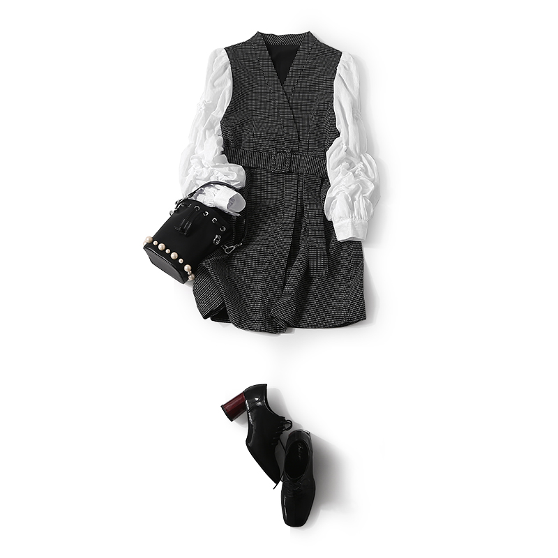V-Neck Hidden Button Puffed Sleeve Plaid Mid-Length Coat Dress for Women – European Style, British Temperament, Spring & Autumn Fashion