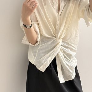 V-Neck Knot Irregular Waist Long Sleeve Women's Top - High-End Loose Style for Spring Summer 2025, Unique Fashion Statement