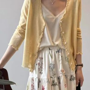 V-Neck Lace Trim Knitted Cardigan for Women - Thin Summer Jacket, Solid Color, Lightweight Sun Protection Outerwear for Air Conditioning