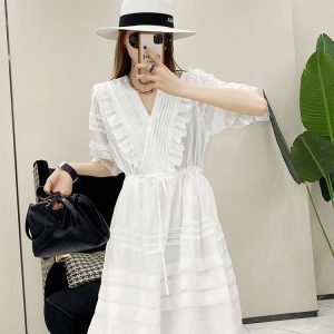 V-Neck Pleated Ruffle Lace Trim Tie Waist Solid Color Dress - European Summer Style for Women