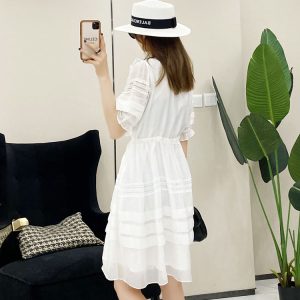 V-Neck Pleated Ruffle Lace Trim Tie Waist Solid Color Dress - European Summer Style for Women
