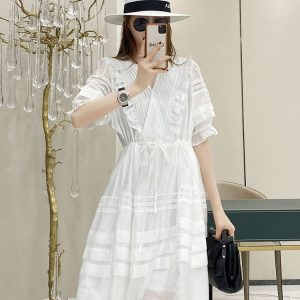 V-Neck Pleated Ruffle Lace Trim Tie Waist Solid Color Dress - European Summer Style for Women
