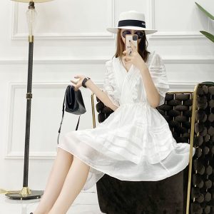 V-Neck Pleated Ruffle Lace Trim Tie Waist Solid Color Dress - European Summer Style for Women
