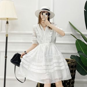 V-Neck Pleated Ruffle Lace Trim Tie Waist Solid Color Dress - European Summer Style for Women