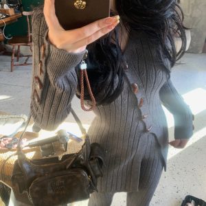 V-neck Square Design Sweater Set with High Waist Straight Leg Pants - Chic Casual Two-Piece Outfit for Young Women