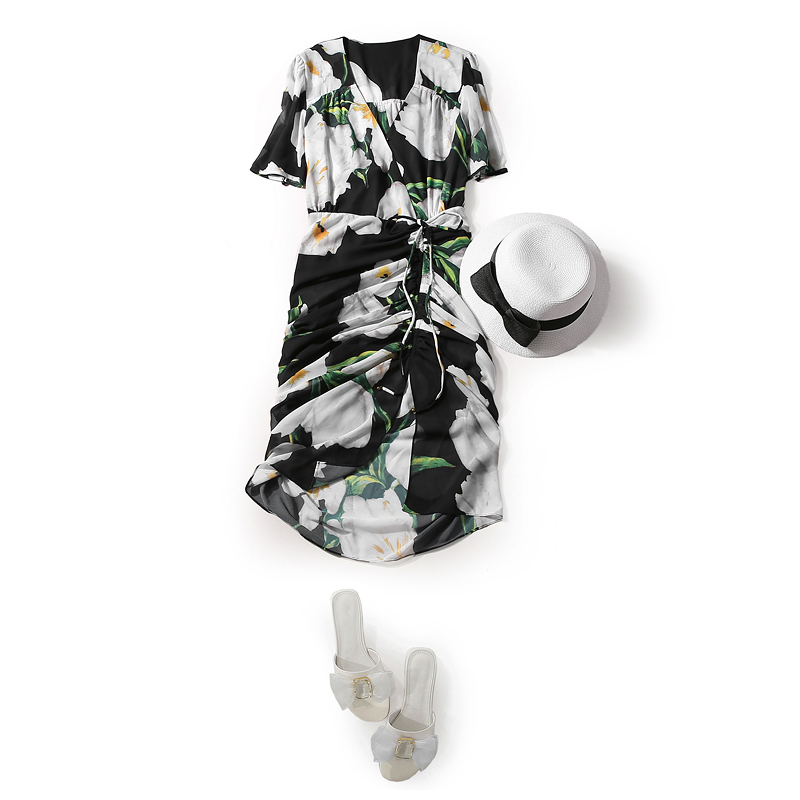 V-Neck Tied Pleated Split Irregular Printed Color Dress - Summer Women's Fashion, 90s Inspired, Trendy European Style