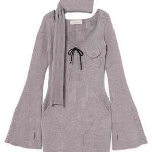 V-neck Waist-Cinching Knitted Dress with Scarf - Short Skirt, Japanese Style, Perfect for Y2K and 90s Fashion Lovers