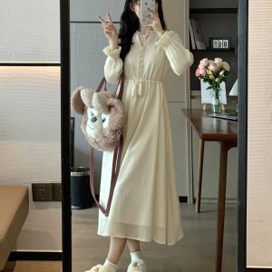 V-Neck White Waist-Design Slimming Elegant Vintage Long Sleeve Dress for Early Spring Vacation - 90s Inspired Fashion