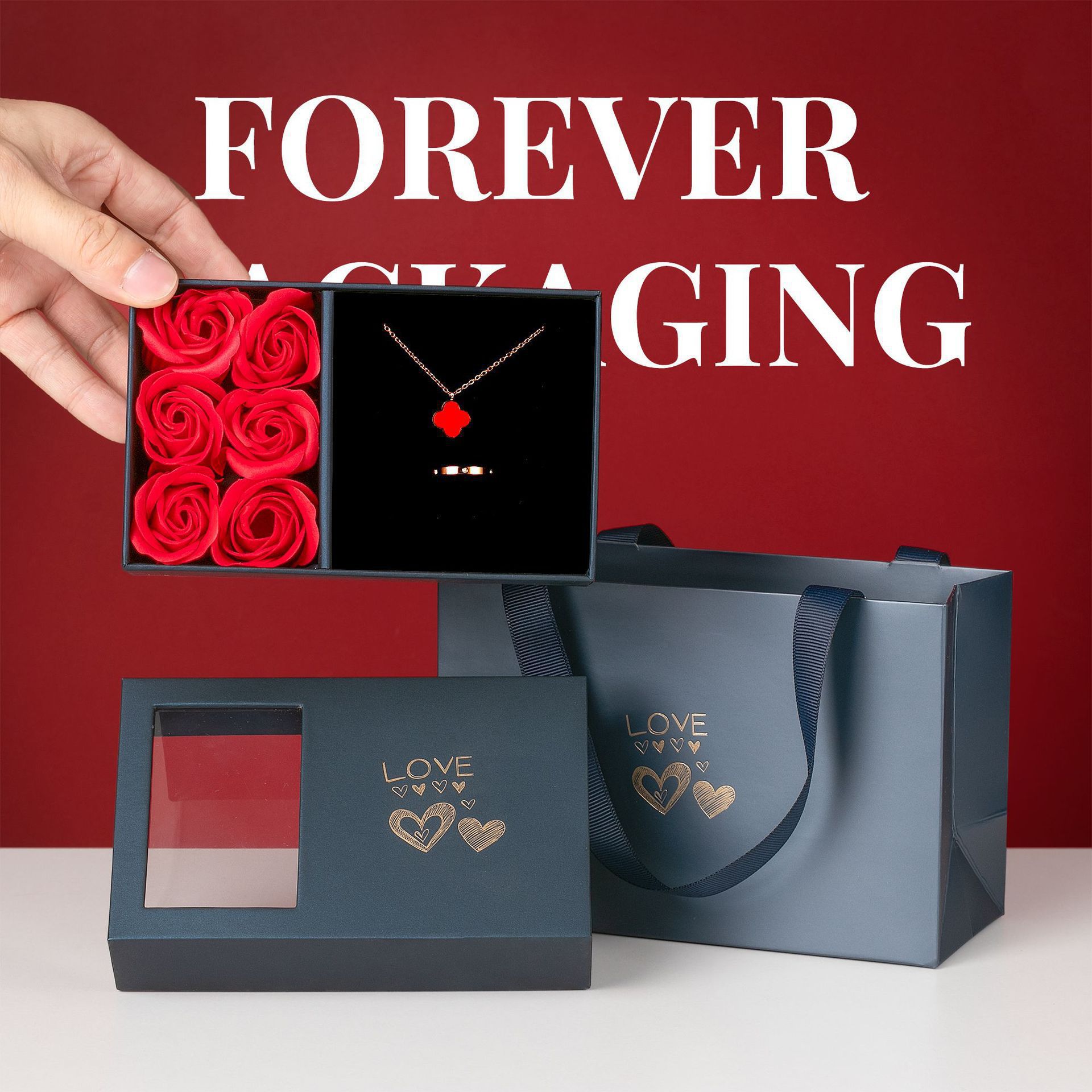 Valentine's Day Jewelry Gift Box with 9 Rose Bracelet, Ring, Necklace, and Earrings - Romantic Gift Set for Her
