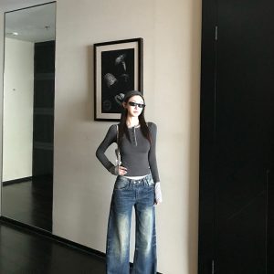 Versatile American Washed Blue Straight-Leg Jeans for Women, Low-Waist Loose Wide-Leg Casual Pants, Y2K Fashion Trend
