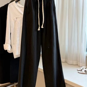 Versatile Elastic Waistband Tapered Straight-Leg Pants with Flowing Straps - Linen Slimming Casual Summer Pants for a Youthful Look