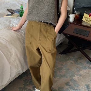Versatile Khaki Wide Leg Loose Casual Pants for Women - Straight Leg Design for Autumn Winter 2022 Fashion