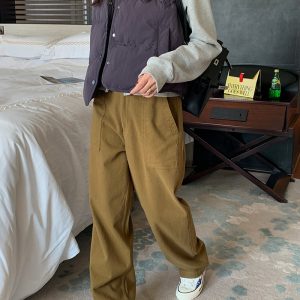 Versatile Khaki Wide Leg Loose Casual Pants for Women - Straight Leg Design for Autumn Winter 2022 Fashion