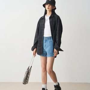 Versatile Loose Vintage Plaid Shirt for Women in Green Blue Check - Pure Cotton Long Sleeve Layering Jacket, Perfect for Y2K Style