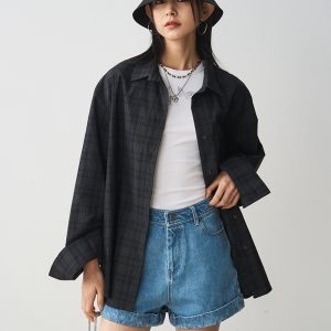 Versatile Loose Vintage Plaid Shirt for Women in Green Blue Check - Pure Cotton Long Sleeve Layering Jacket, Perfect for Y2K Style