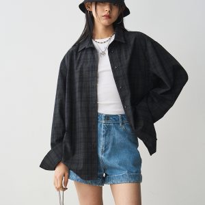 Versatile Loose Vintage Plaid Shirt for Women in Green Blue Check - Pure Cotton Long Sleeve Layering Jacket, Perfect for Y2K Style