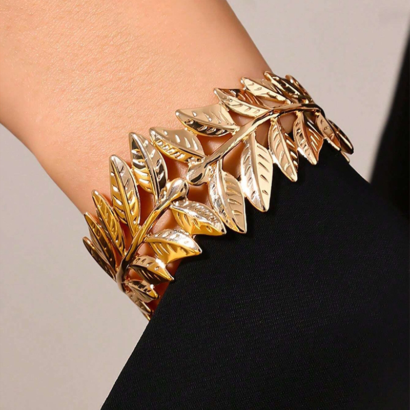 Versatile Metal Hollow Leaf Open Bangle Bracelet - Carved Flower Design, Spring Fashion, European and American Style