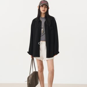 Versatile Oversized Black Knitted Cardigan Coat Shirt for Women - Elegant Long Sleeve Layered Style