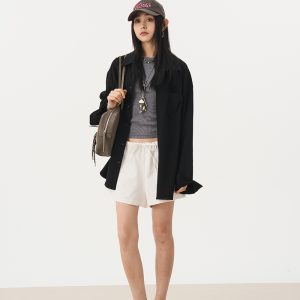 Versatile Oversized Black Knitted Cardigan Coat Shirt for Women - Elegant Long Sleeve Layered Style