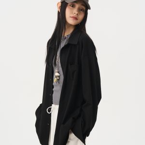 Versatile Oversized Black Knitted Cardigan Coat Shirt for Women - Elegant Long Sleeve Layered Style