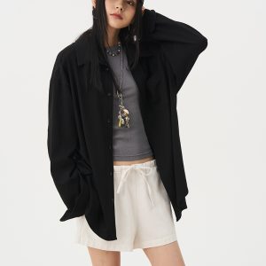 Versatile Oversized Black Knitted Cardigan Coat Shirt for Women - Elegant Long Sleeve Layered Style
