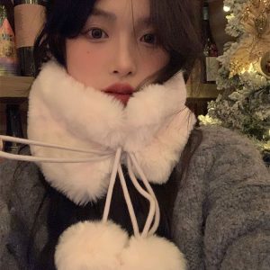 Versatile Plush Faux Fur Scarf with Pom-Pom for Women - Cute Korean Style Winter Accessory, Autumn Fashion, Cozy Fur Collar