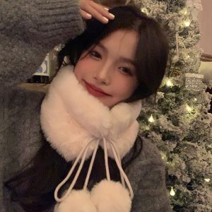 Versatile Plush Faux Fur Scarf with Pom-Pom for Women - Cute Korean Style Winter Accessory, Autumn Fashion, Cozy Fur Collar