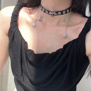 Vintage 90s Punk Black Leather Choker Necklace with Metal Accents - Subculture Heavy Industry Design